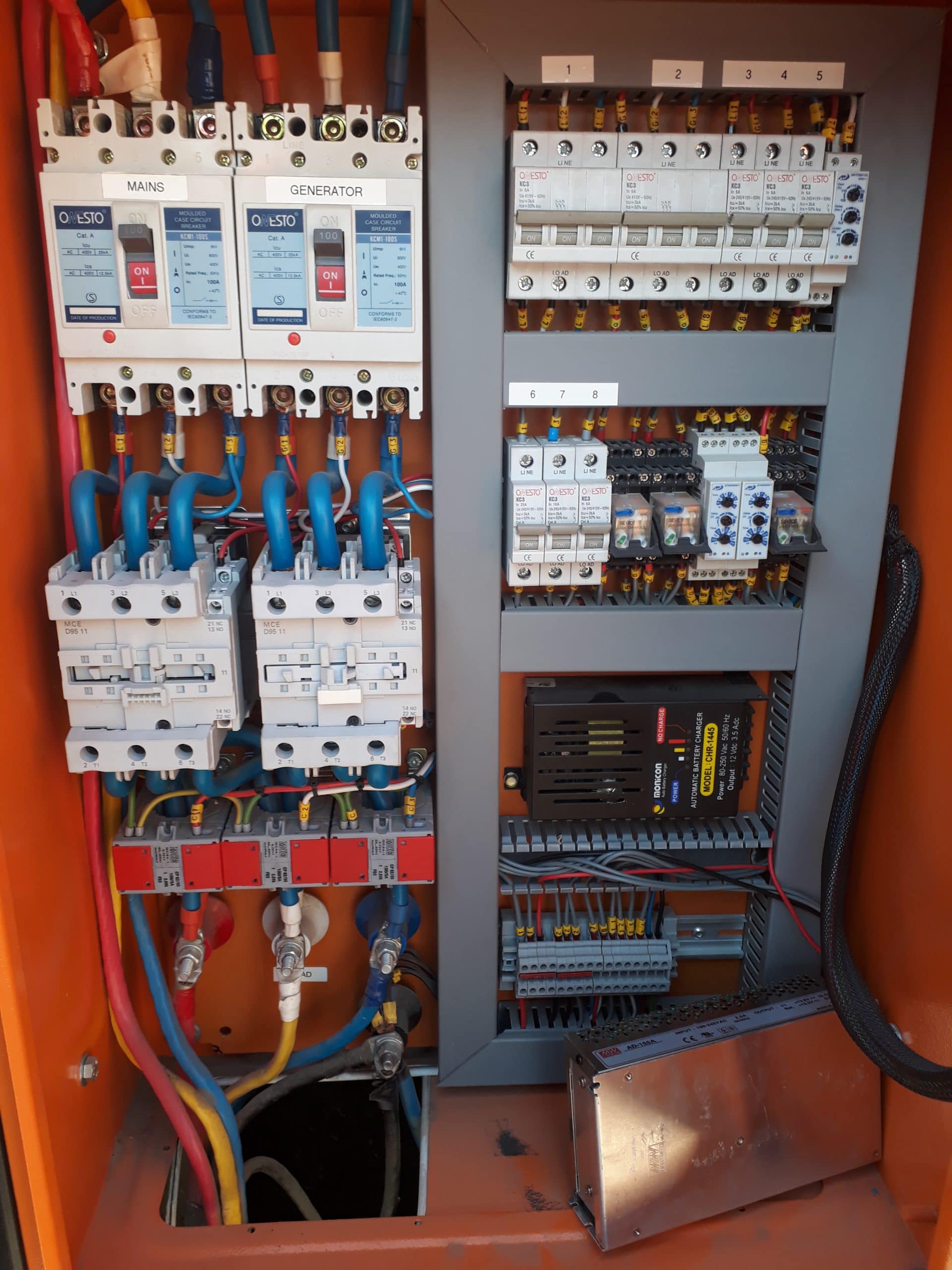 Electrical switch-over panel with breakers and wiring